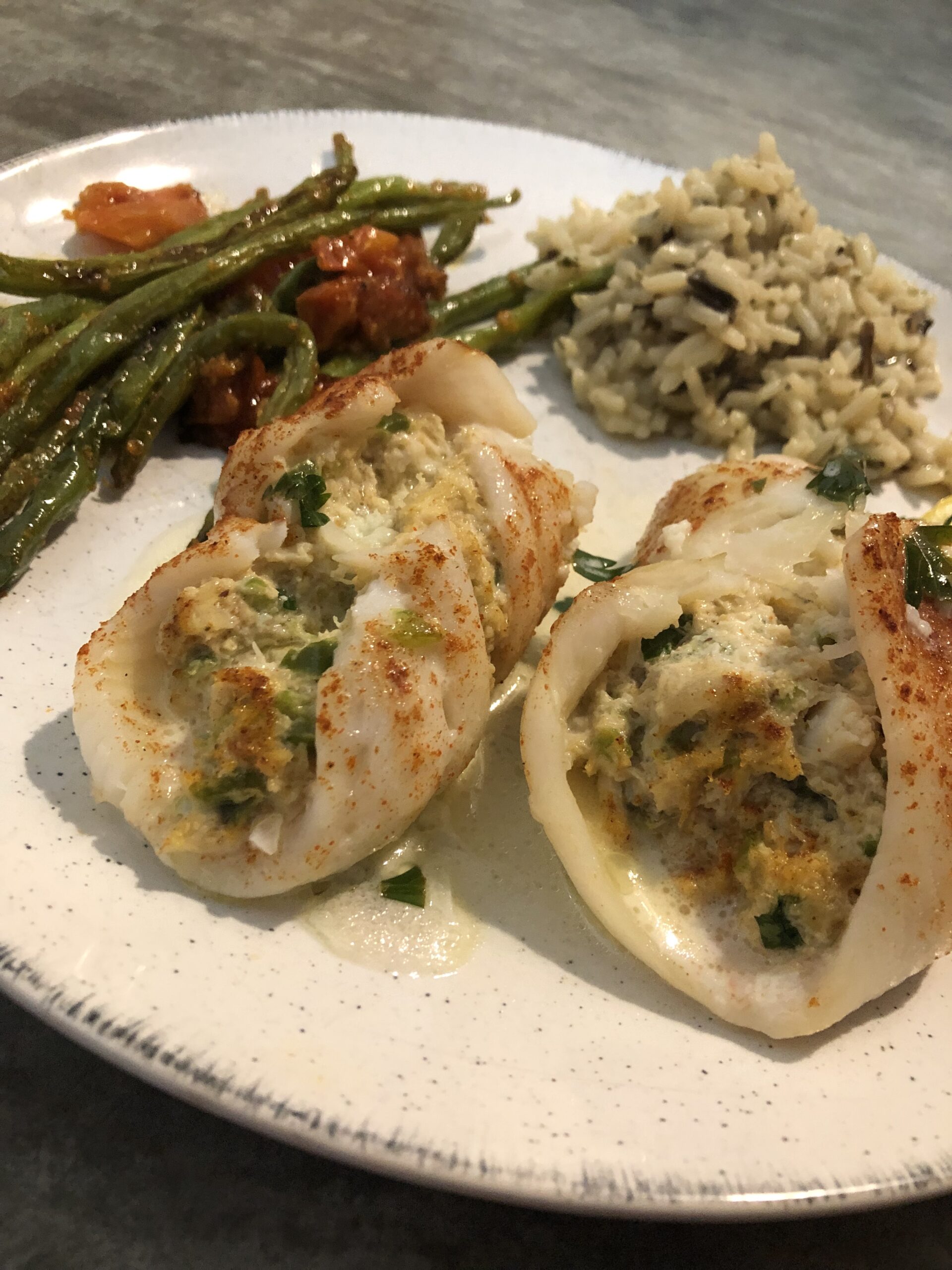 Crab Cake Stuffed Flounder in a Lemon Butter Wine Sauce